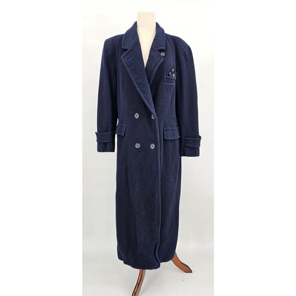 Vtg Evan Picone Women's 16 100% Wool Double-Breasted Navy Overcoat Pocket Detail - Picture 1 of 10